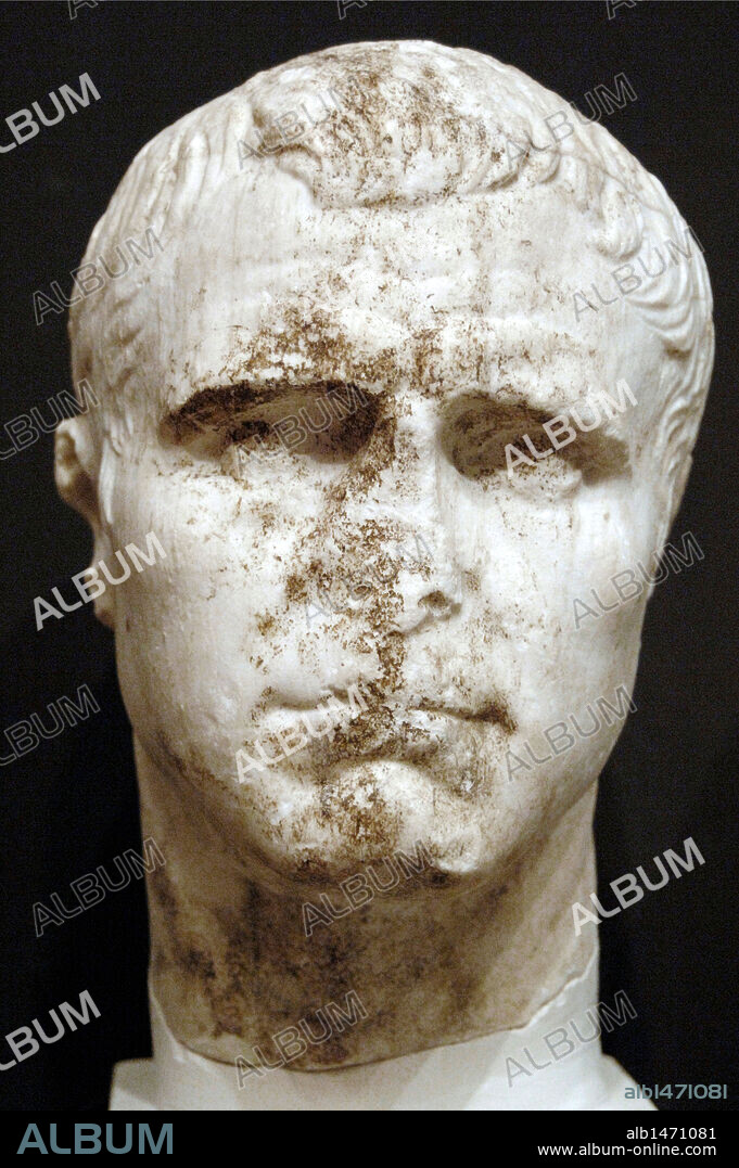 Bust of Marcus Vipsanius Agrippa. Roman general and politician, Octavian Augustus collaborator. He was responsible for many of the military successes of Octavian, among which the naval victory of the Battle of Actium against Antony and Cleopatra VII of Egypt. Located during the excavations of the "Tower of the Inscriptions" in Butrint in the 1980s. Dated in the last quarter of I century b.C. Ruins of Butrint Museum. Republic of Albania.