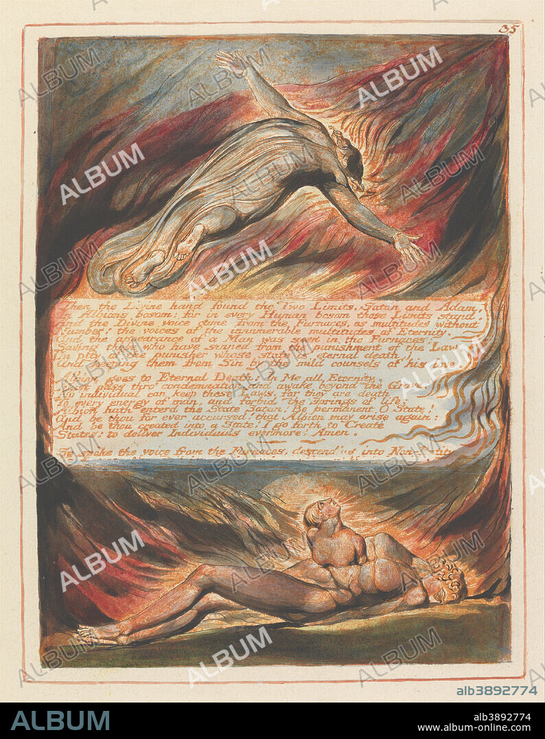 WILLIAM BLAKE. Jerusalem, Plate 35, "Then the Divine hand....". Date/Period: 1804 to 1820. Print. Orange print, pen, black ink and watercolor on cream-colored paper (Relief etching printed in orange with pen and black ink and watercolor on moderately thick, smooth, cream wove paper). Height: 225 mm (8.85 in); Width: 165 mm (6.49 in).