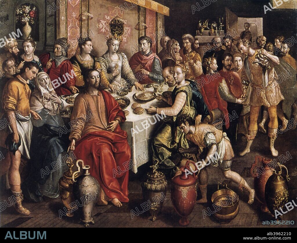 'The Marriage at Cana', 1596-1597. The painting shows Christ's first miracle. When the wine ran out at a wedding at which Jesus and his mother were guests, he changed the water into the finest wine - a perfect theme for the Tavern-Keepers' altar in the Antwerp Cathedral. Jesus and his mother stand out because of their simple, 'biblical' clothes. The guests are sure to include several senior members of the Tavern-Keepers' Guild. From the collection of the Vrouwekathedraal, Antwerp, Belgium.