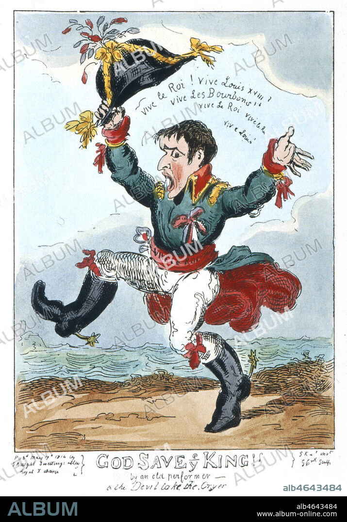 ' Dieu sauve le roi. Vive LOUIS XVIII vive les Bourbons! ' Caricature de 1814 par Georges CRUISHANK (1762-1878). Caricatures anglaises reunies dans l'ouvrage de John GRAND-CARTERET (1850-1937), 'Napoleon en Images' en 1895. Credit : Collection Kharbine-Tapabor.