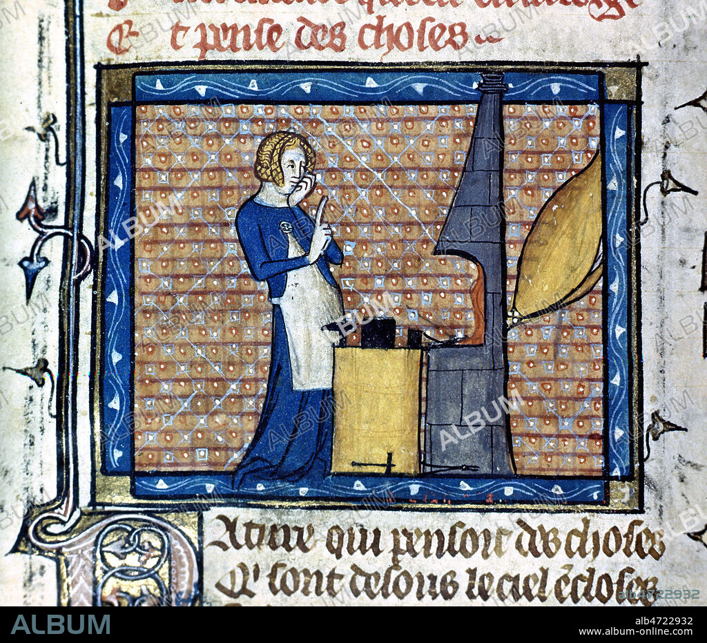 'Dame Nature en sa forge'. Enluminure tiree du Roman de la Rose, au 13eme s (XIIIe, 13e s.). Manuscrit medieval conserve a la bibliotheque Sainte-Genevieve. Ms. 1126 f°86. Credit : Collection JEAN VIGNE / Kharbine-Tapabor.