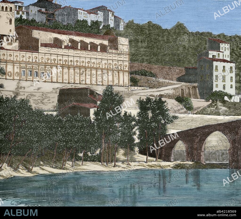 Manresa, provincia de Barcelona, Cataluña, España. Vista de la Cueva de San Ignacio. Lugar de oración y recogimiento para San Ignacio de Loyola en el año 1522. Pasó once meses de intensa espiritualidad. De esta experiencia nació su libro " Ejercicios Espirituales". Grabado. Coloreado. Crónica General de España, Historia Ilustrada y Descriptiva de sus Provincias. Cataluña, 1866.
