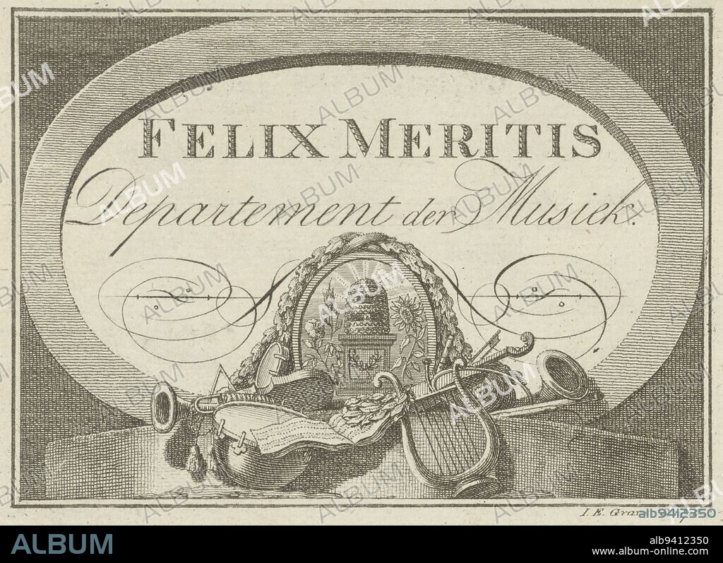 Cartouche with musical instruments, Jan Evert Grave, 1769 - 1791, An oval cartouche with the inscription: Felix meritis (Happy through merit). Around the cartouche musical instruments. In the center a medallion with a representation of a beehive. On the verso a text showing that the print was used as a strangers' billet for the society Felix Meritis., print maker: Jan Evert Grave, (mentioned on object), Amsterdam, 1769 - 1791, paper, etching, engraving, h 102 mm × w 130 mm.