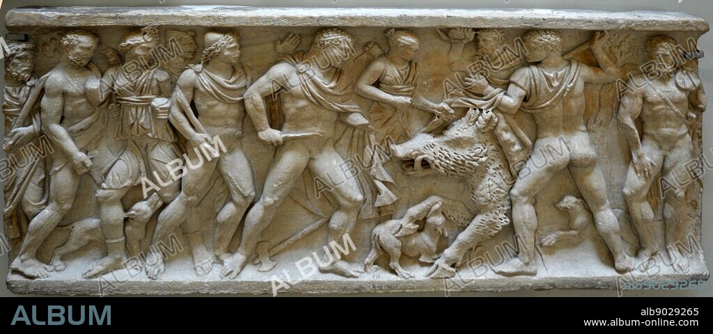 Marble sarcophagus panel. The Greek hero Meleager hunts the fearsome Caledonian boar with his lover Atalanta. The life of the tragic hero was a popular subject in Roman sarcophagi. AD 150-250.