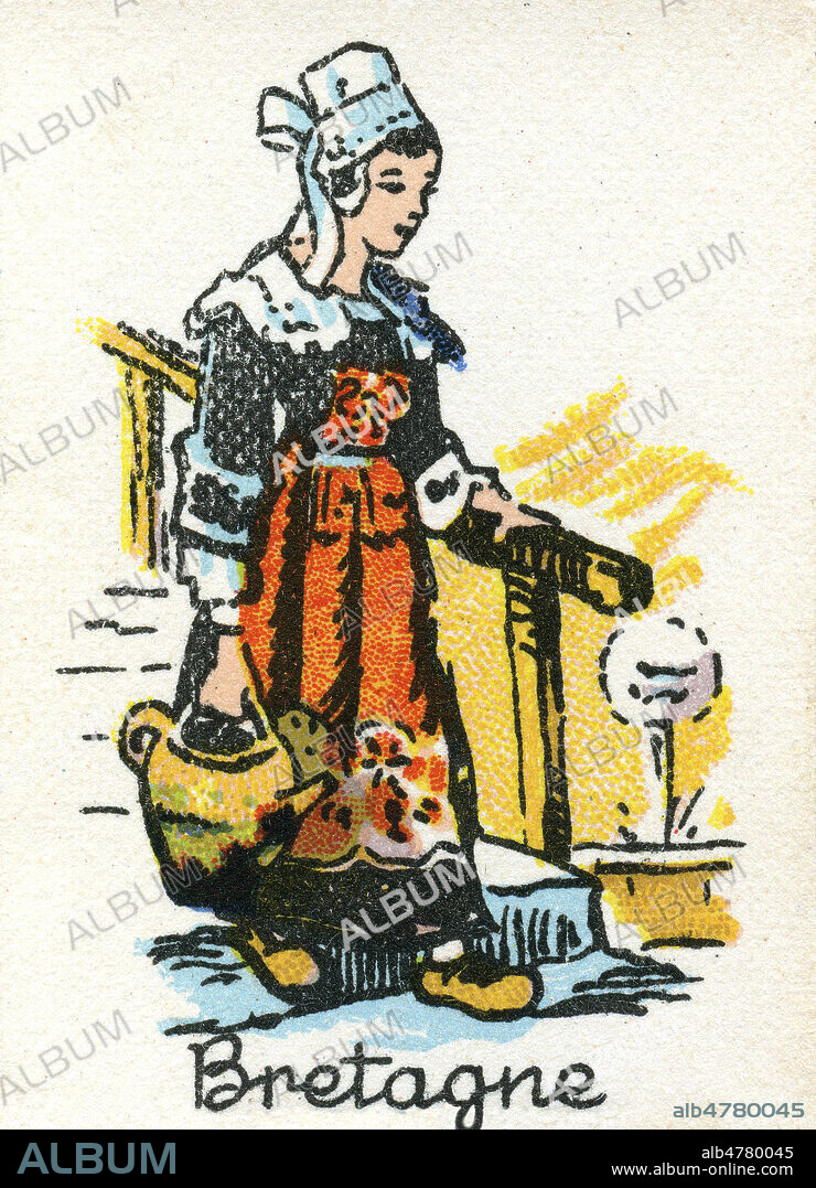 Bretagne : femme bretonne. Illustration anonyme pour une etiquette vers 1935. Credit : collection Pol/KHARBINE-TAPABOR.