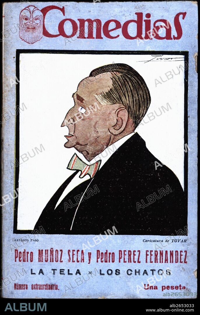 MANUEL TOVAR SILES. Portada de la publicación "Comedias". Caricatura de Antonio Paso Cano (1870-1958). Editorial siglo XX, Madrid. Años 1920.