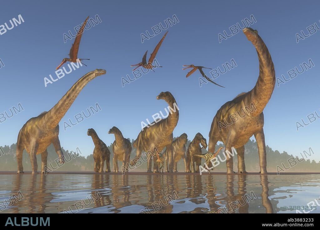 An Argentinosaurus and Deinocheirus herd gets upset when a flock of Anhanguera reptiles fly to close to them.