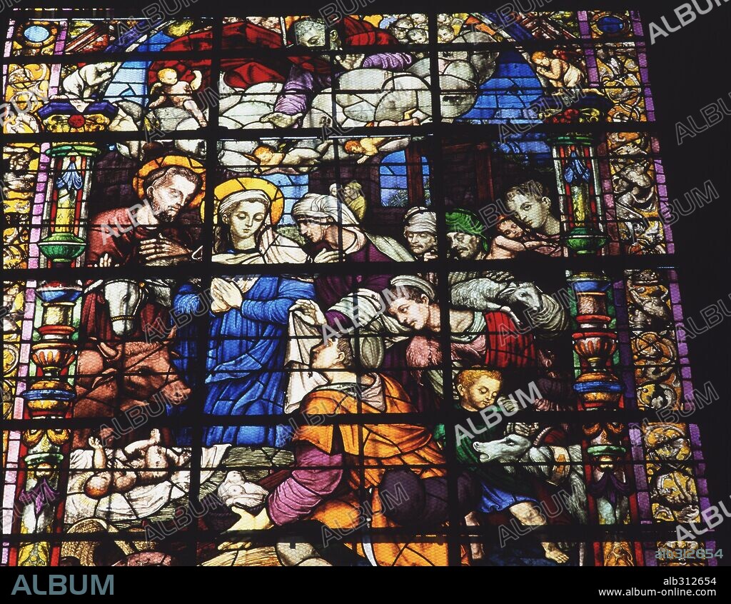 Vidriera del Nacimiento del Niño Jesús y Adoración de los Pastores, Catedral de Sevilla. Vidriera del s. XX (1932) por la casa Maumejean.
