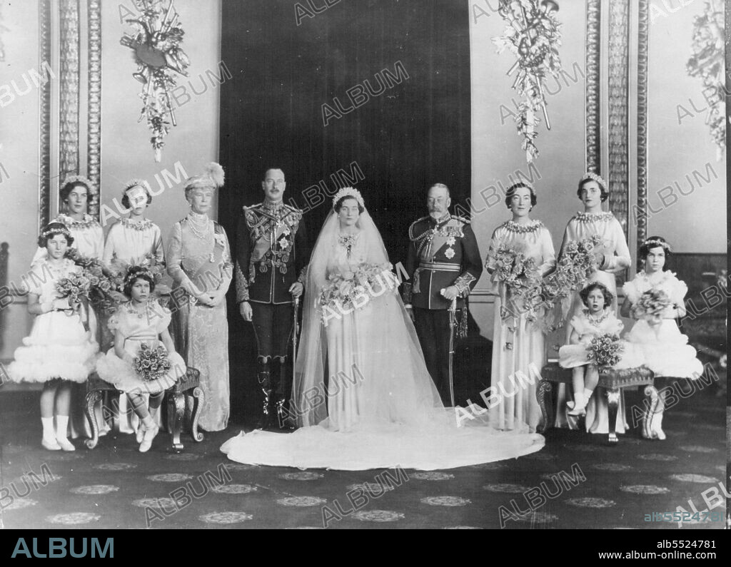 The Wedding Of H.R.H. The Duke Of Gloucester And Lady Alice Scott, Sister Of The The Duke Of Buccleuch, Which Took Place Quietly In The Private Chapel, Buckingham Palace, Nov. 6th.The Bridal Group after the wedding. L. to R Back Row:- Miss Claire Phipps, Lady Elizabeth Scott, H.M. the Queen, the Duke of Gloucester, the Duchess of Gloucester, H.M. the King, Lady Angela Scott, Miss Moyra Scott. Front Row. L. to R:- Lady Mary Cambridge, Princess Elizabeth of York, Princess Margaret Rose of York, Miss Anne Hawkins. November 25, 1935. (Photo by Sports & General Press Agency Limited).