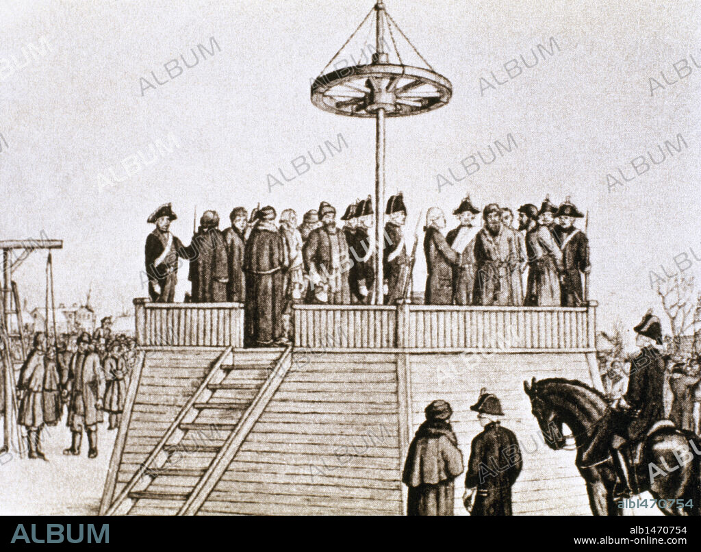 PUGACEV, Emel'jam Ivanovic (1726-Moscú,1775). Militar ruso. "EJECUCION DE PUGACEV EN LA PLAZA BOLONTILA DE MOSCU" (enero de 1775). Grabado de Bolotoy, siglo XVIII.