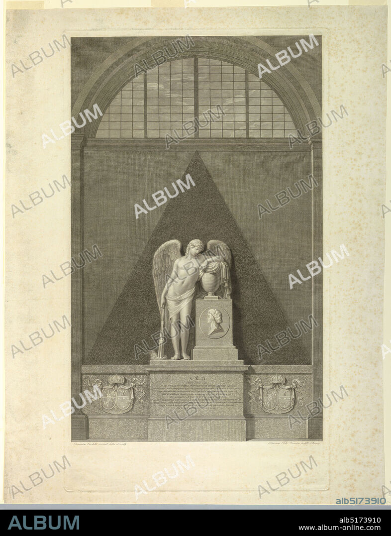 The Tomb of Clara-Maria of Saxony, Domenico Cardelli, Italian, active 1786-1810, Giovanni Folo, Engraving on paper, Under a lunette window is the wall tomb of Clara Maria Rosa Spinucci, Princess of Saxony (d. 1792), in the Cathedral of Fano. Before a pyramid, a winged figure is about to extinguish a torch; beside it, a medallion portrait of the deceased., Rome, Italy, ca. 1800-1810, Print, Print.