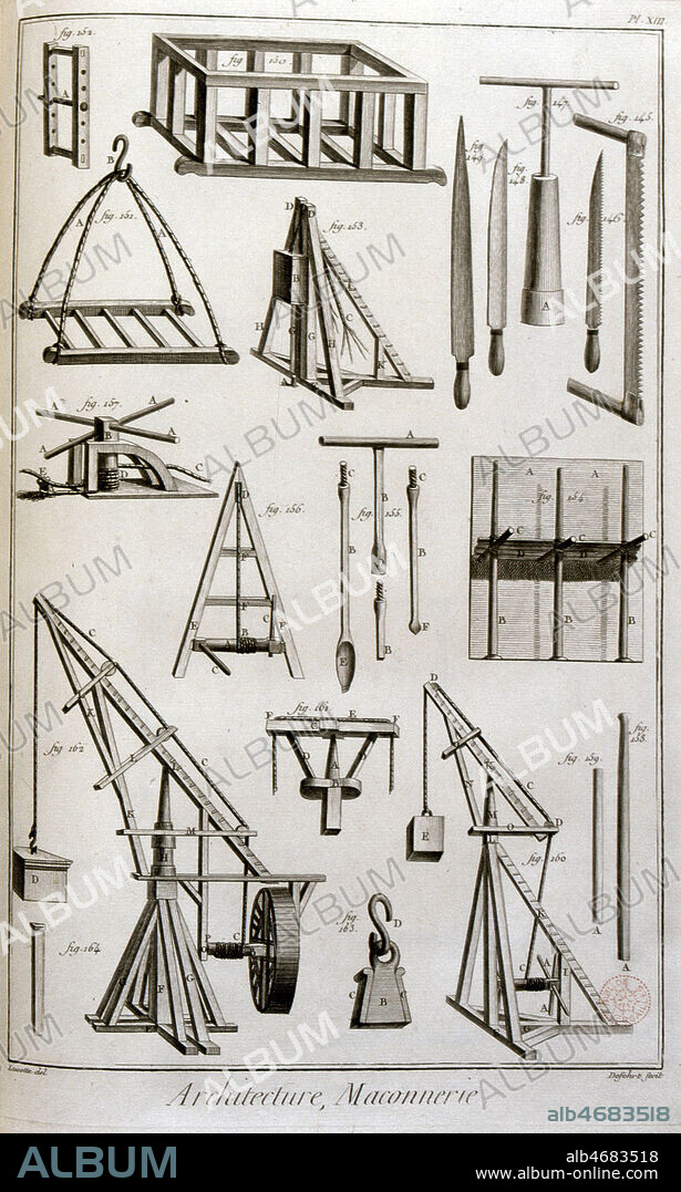 Architecture, maconnerie. Outillage du macon. Materiel de levage. Planche de l'Encyclopedie DIDEROT (1713-1784) et D'ALEMBERT (1717-1783). (18e, 18eme, XVIIIe s.) Credit : JEAN VIGNE / KHARBINE-TAPABOR.