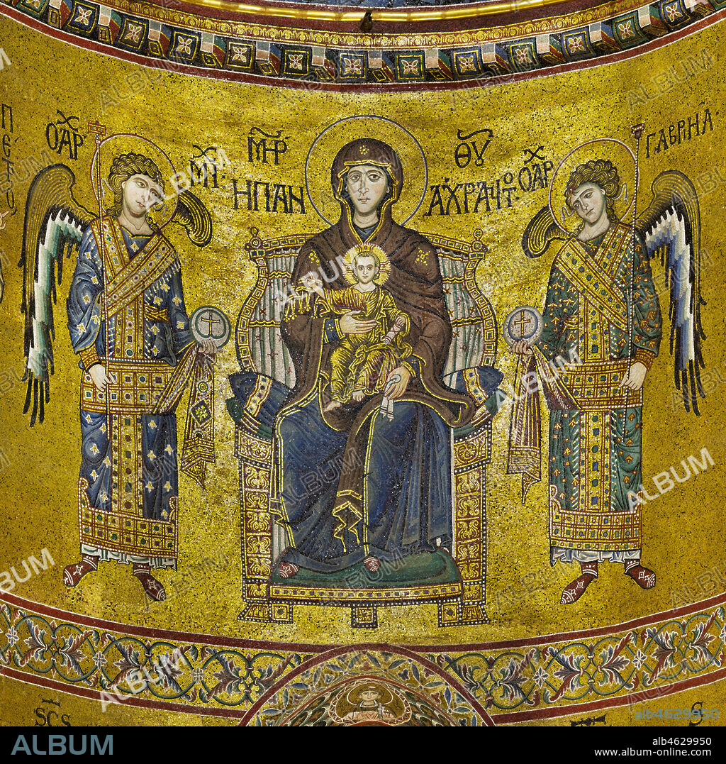 Monreale Cathedral, apse: Madonna enthroned and Infant Jesus among the archangels Michael and Gabriel; byzantine school mosaic with a golden background. The mosaics of the Cathedral were made between the twelfth and mid-thirteenth century by partly local and partly Venetian workers, trained at the Byzantine school.