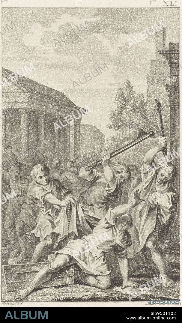 During a meeting on the Capitol, Tiberius Sempronius Gracchus III, on the orders of his nephew Scipio Nasica, is beaten to death by men with sticks. Murder of Tiberius Gracchus, print maker: Ludwig Gottlieb Portman, (mentioned on object), intermediary draughtsman: Jacobus Buys, (mentioned on object), Amsterdam, 1797, paper, etching, h 206 mm × w 133 mm.