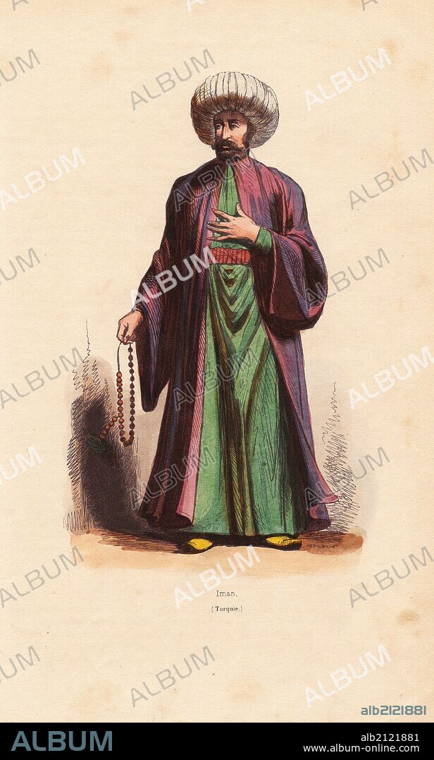 Turkish iman in turban and long robes. Handcoloured woodcut by Vermorcke from Auguste Wahlen's "Moeurs, Usages et Costumes de tous les Peuples du Monde," Librairie Historique-Artistique, Brussels, 1845. Wahlen was the pseudonym of Jean-Francois-Nicolas Loumyer (1801-1875), a writer and archivist with the Heraldic Department of Belgium.