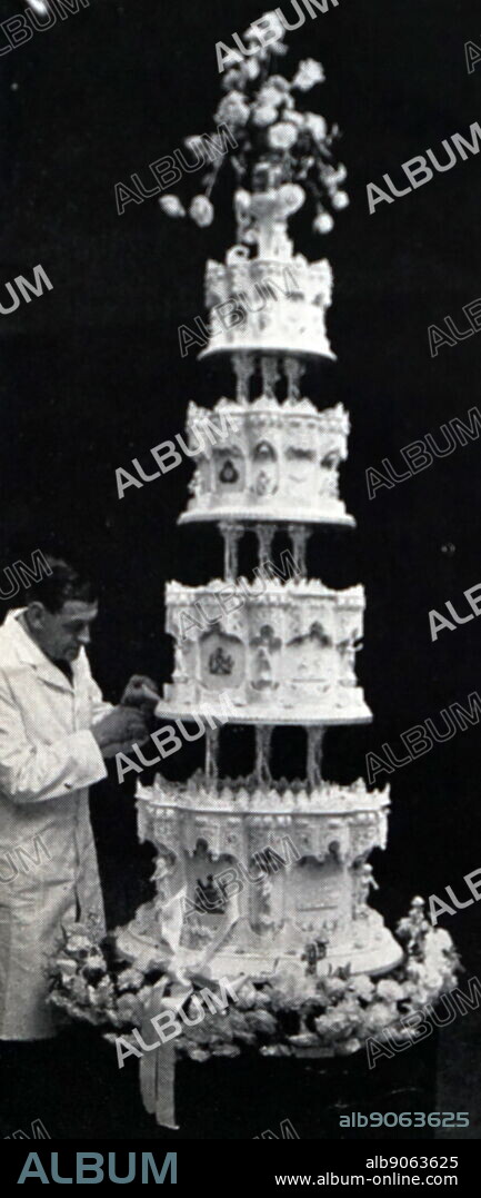 Photograph of the Royal Wedding Cake of Queen Elizabeth II (1926-) and Prince Philip, Duke of Edinburgh (1912-). The cake was made by McVitie and Price Ltd. Dated 20th Century.