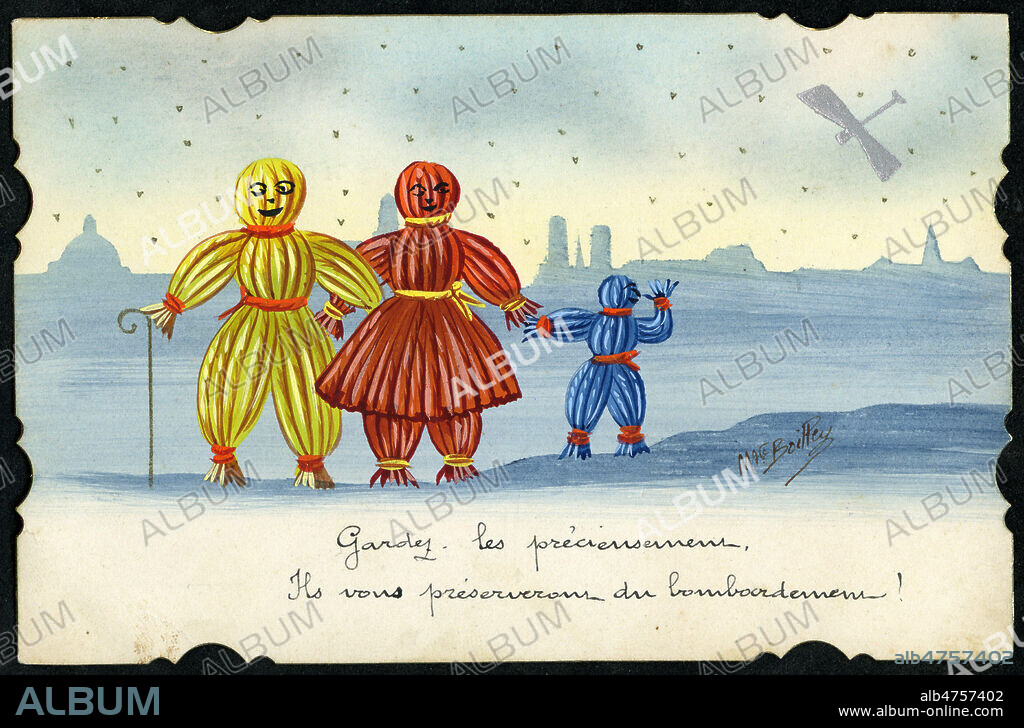 'Gardez-les precieusement, ils vous preserveront du bombardement !' Famille de poupees de laine, fetiches porte bonheur (Nenette Rintintin et Radadou). Illustration par BOILLEY pour une carte postale de 1918. Credit : Collection IM/KHARBINE-TAPABOR.