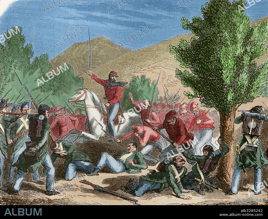 Italian unification (1859-1924). The Expedition of the Thousand. The Battle of Volturnus or Volturno (1860) between Giuseppe Garibaldi's volunteers (Red shirts) and Hungarian veterans and the troops of the Kingdom of the Two Sicilies, ruled by the Bourbons."L'Illustration" (1860). Engraving. Colored.
