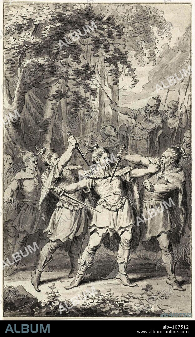 Murder of the Germanic general Arminius, 19. Draughtsman: Jacobus Buys (signed by artist). Dating: 1779 - 1784. Measurements: h 148 mm × w 90 mm.