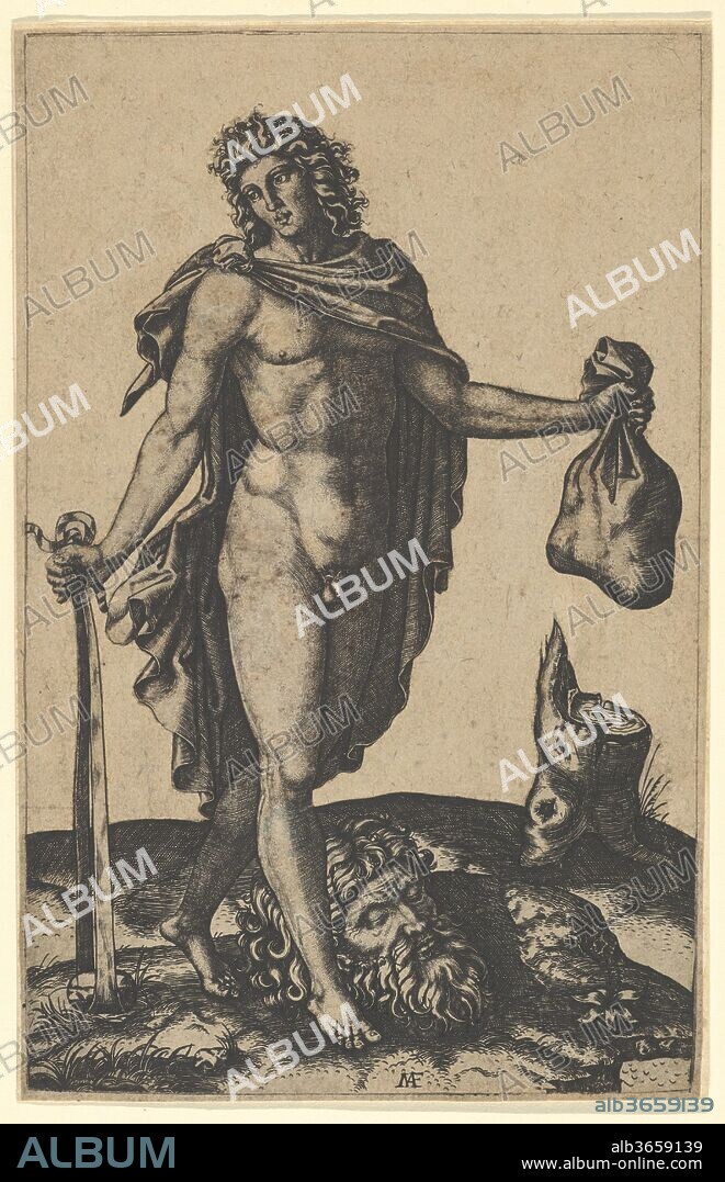 David standing, sword in lowered right hand, sack in the left, the head of Goliath on the ground beneath him. Artist: Marcantonio Raimondi (Italian, Argini (?) ca. 1480-before 1534 Bologna (?)); After (?) by Francesco Francia (Italian, Bologna ca. 1447-1517 Bologna). Dimensions: 6 3/4 x 4 1/4 in.  (17.2 x 10.8 cm). Date: ca. 1506.