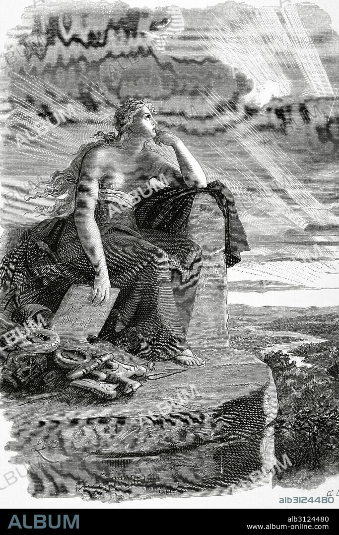 Veleda. Priestess and prophet of the Germanic tribe of the Bructeri. She achieved  prominence during the Batavian rebellion of 69-70 A.C, when she correctly predicted the successes of the rebels against Roman legions. Portrait. Engraving by A. Closs, 1882.