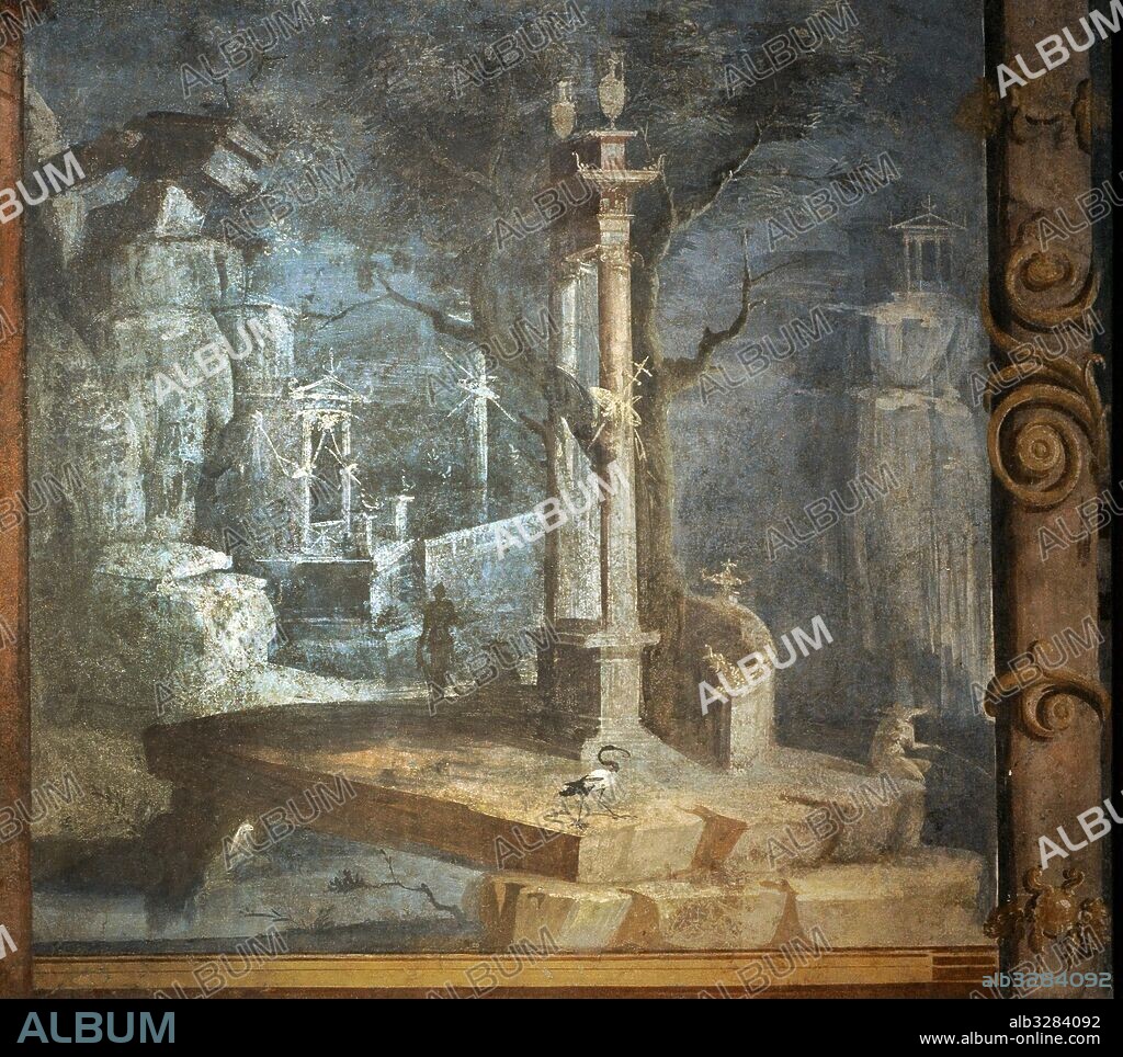 Rocky landscape with little temples, statue, fisherman and ibis. Ekklesiasterion. Temple of Isis. Pompeii. Italy. National Archaeological Museum, Naples. Italy.
