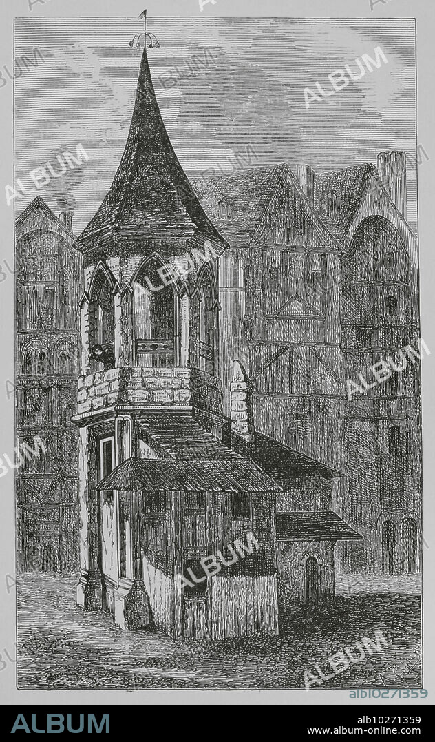 Francia. La picota en la plaza del mercado (Les Halles) de París en el siglo XVI. Grabado por Huyot según el dibujo de un artista desconocido de 1670. "Moeurs, usages et costumes au moyen-âge et à l'époque de la Renaissance", por Paul Lacroix. París, 1878.