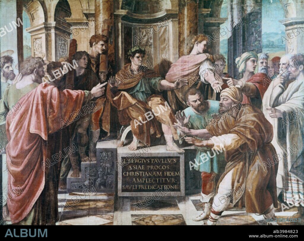 'The Conversion of the Proconsul', 1515-1516. The Jewish sorcerer Elymas has just been struck blind by Paul because he tried to prevent Peter and Paul from converting the Roman proconsul Sergius Paulus to Christianity.