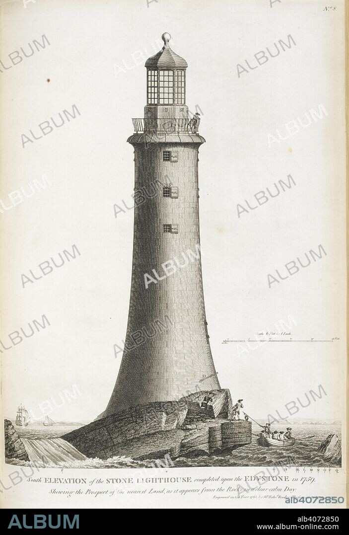 JOHN SMEATON. 'South elavation of the stone lighthouse, completed upon the Edystone in 1759'. This was the third lighthouse erected on the Eddystone rocks, south of Rame Head, off the coast of Britain. A Narrative of the building, and a description of the construction of the Edystone Lighthouse ... To which is subjoined an appendix, giving some account of the Lighthouse on the Spurn Point. London : G. Nicol, 1791. Source: 191.g.4 plate 8.