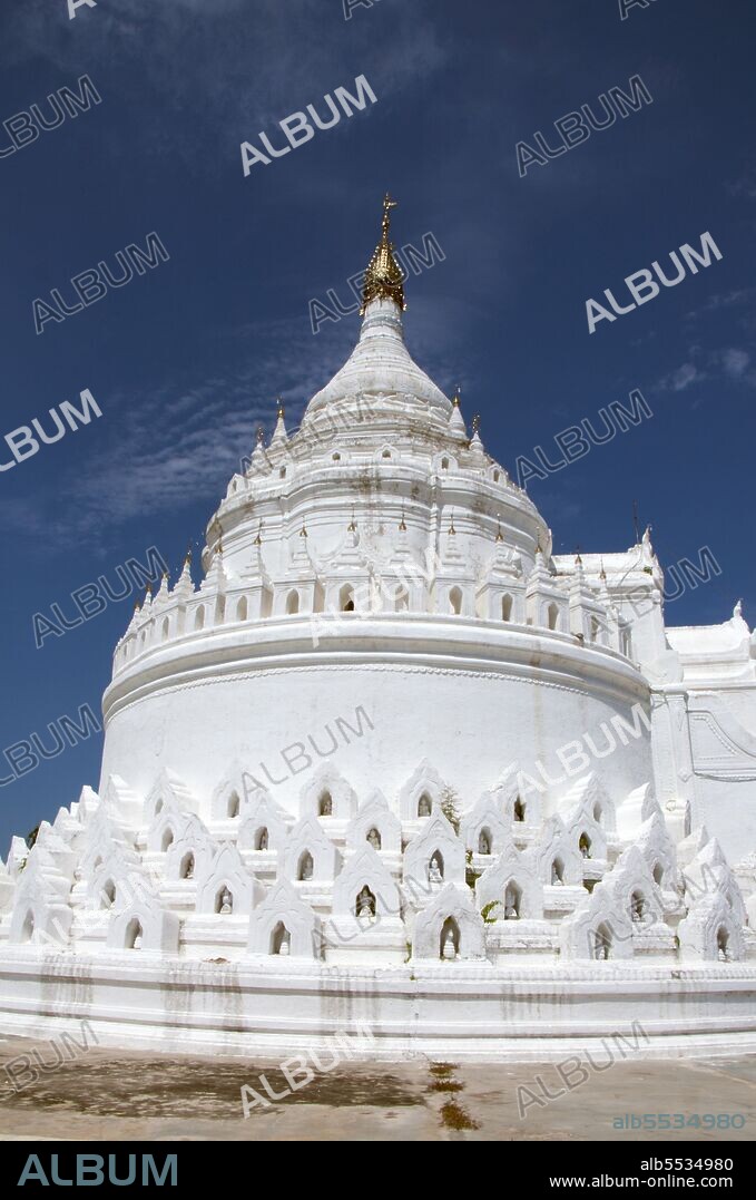 The Hsinbyume Pagoda was built in 1816 by King Bagyidaw (1784 - 1846), the seventh king of the Konbaung Dynasty. He built it for his first wife, Princess Hsinbyume who died in childbirth in 1812. The pagoda is also known as the Myatheindan Pagoda. The pagoda's design is based on the mythical Sulamani Pagoda found on Mount Meru, with the seven lower concentric terraces representing the mountain ranges leading to Mount Meru.