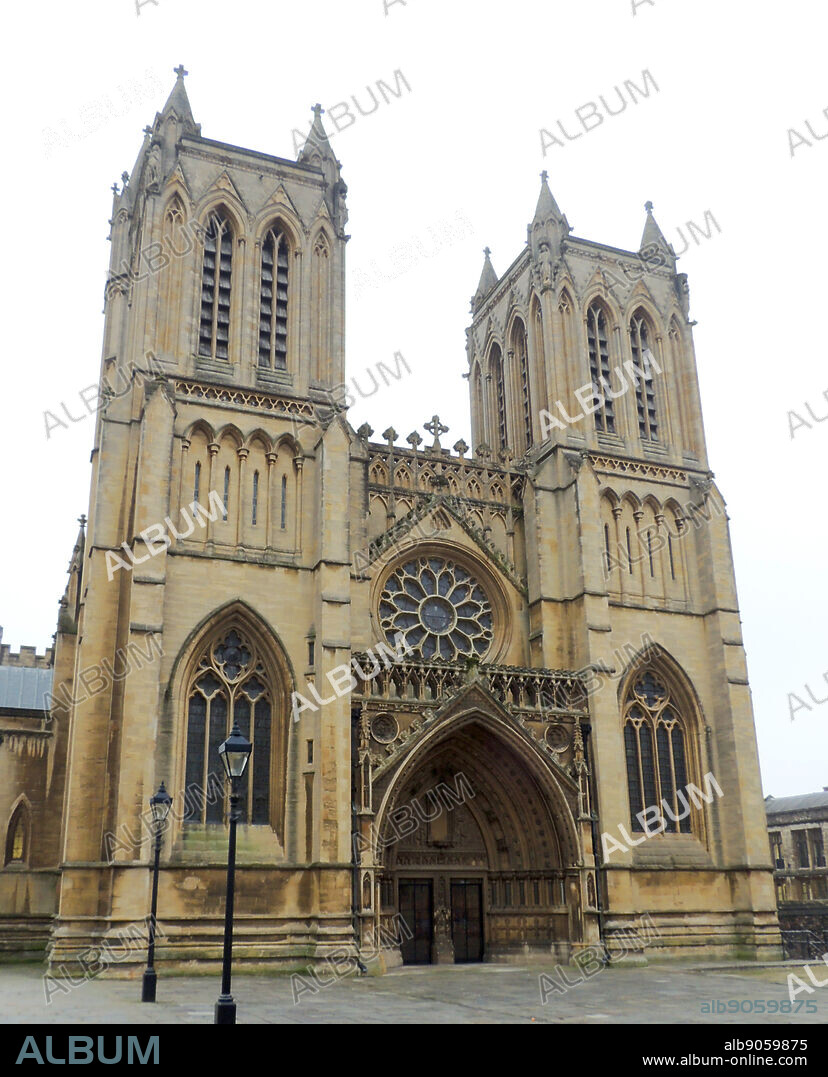 Bristol Cathedral, in the city of Bristol, England. Founded in 1140, presents a harmonious view of tall Gothic windows and pinnacle skyline that belies the fact that it was constructed over a period of more than 700 years.