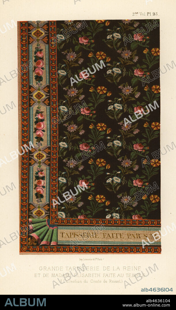 Tapestry woven by Queen Marie Antoinette and Elisabeth of France imprisoned in the Temple. Grande tapisserie de la reine et de madame Elisabeth faite au temple. Hand-coloured lithograph from Fashions and Customs of Marie Antoinette and her Times, by Le Comte de Reiset, Paris, 1885. The journal of Madame Eloffe, dressmaker and linen-merchant to the Queen and ladies of the court.