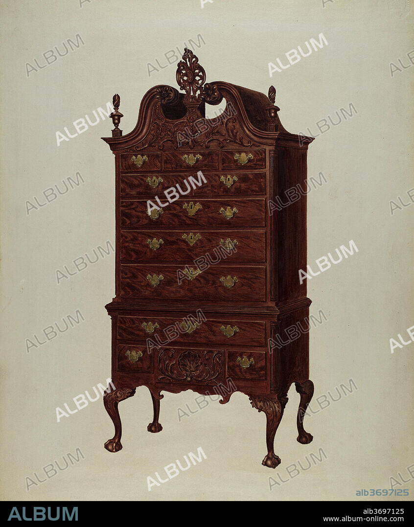 FRANCIS BORELLI. Highboy. Dated: c. 1939. Dimensions: overall: 57.6 x 45.6 cm (22 11/16 x 17 15/16 in.)  Original IAD Object: 96"high; 44"wide; 24 1/2"deep. Medium: watercolor, colored pencil, and graphite on paperboard.