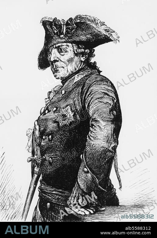 Frederick II (the Great). 1712 - 1786, King of Prussia from 1740 - 1786. "König Friedrich um 1775" (King Frederick, c.1775). Woodcut, c.1850, after a drawing by Adolph Menzel (1815-1905).