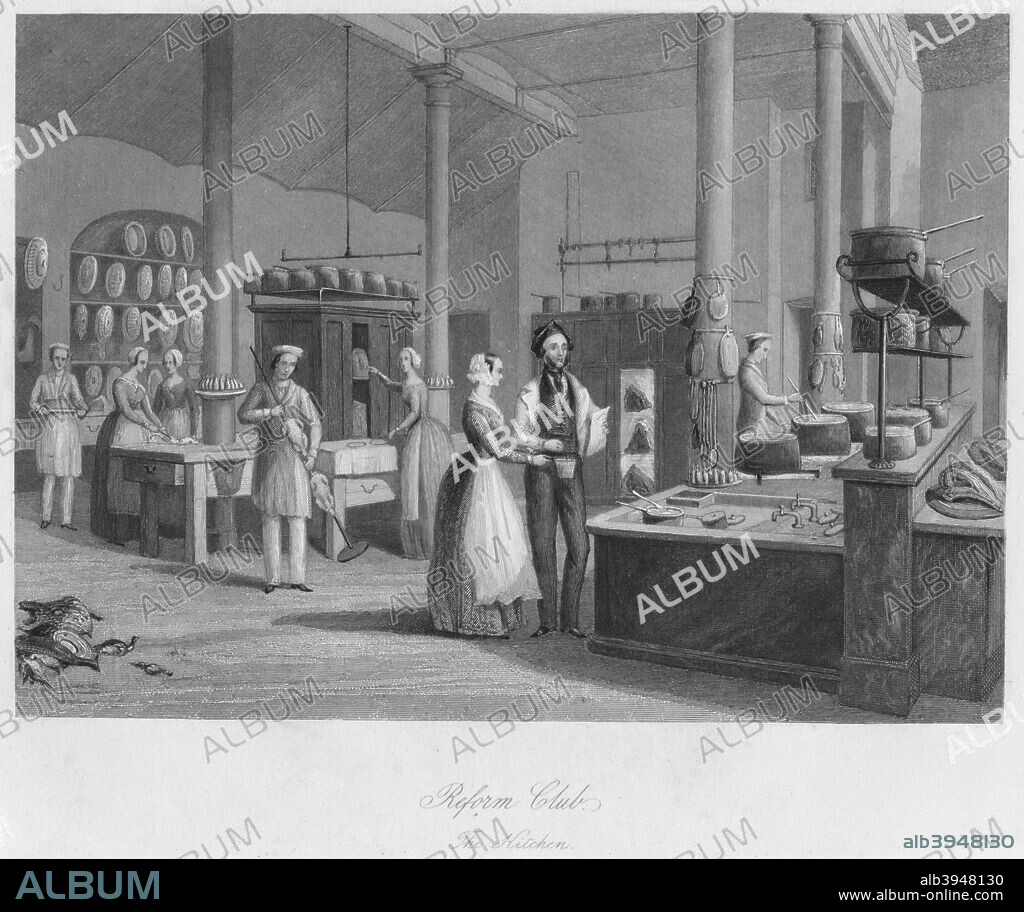 'Reform Club. The Kitchen', c1841. From London Interiors with their Costumes & Ceremonies from Drawings made by permission of the Public Offices. Proprietors & Trustees of the Metropolitan Buildings, by Joseph Mead. [Joseph Mead, London, c1841].