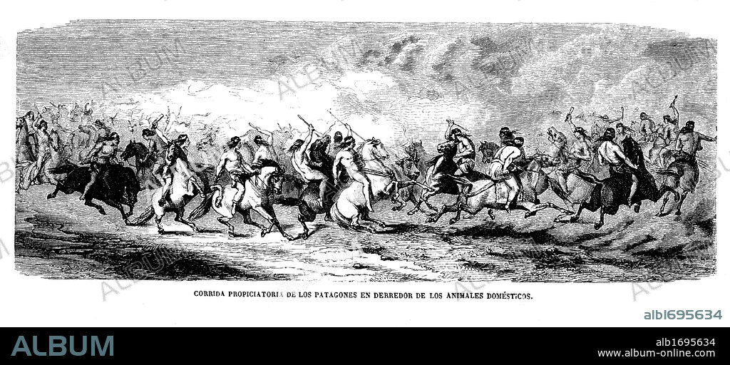 Argentina, siglo XIX. Grabado de 1868. Corrida de los patagones o tehuelches en derredor de animales domésticos. Etnia amerindia de la Patagonia.