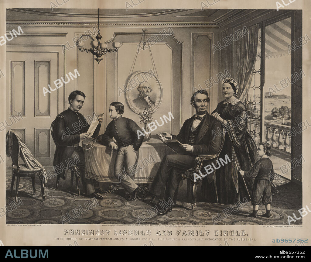 President Lincoln and Family Circle, from left Robert Lincoln, William Lincoln, Abraham Lincoln, Mary Todd Lincoln, Thomas Lincoln, Engraved by J.L. Giles, Published by Lyon & Co., 1867.