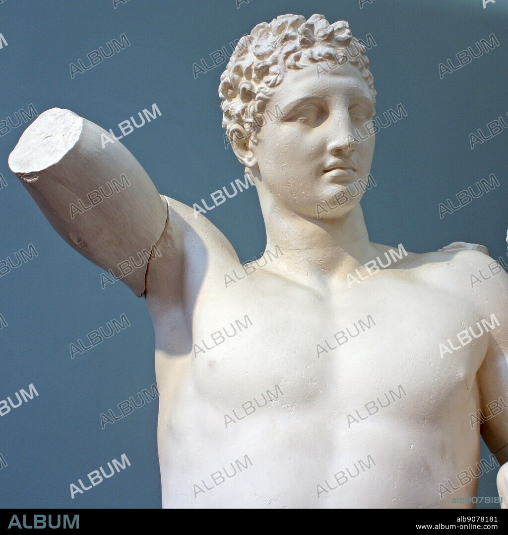 Hermes holding infant Dionysus, c340 BC. Hermes probably held grapes in his raised hand, dangling them in front of the baby Dionysus. The statue was found in the temple of Hera at Olympia, where Pausanias saw it in the second century AD. He says it is a work of Praxiteles - the famous Athenian sculptor of the fourth century BC.