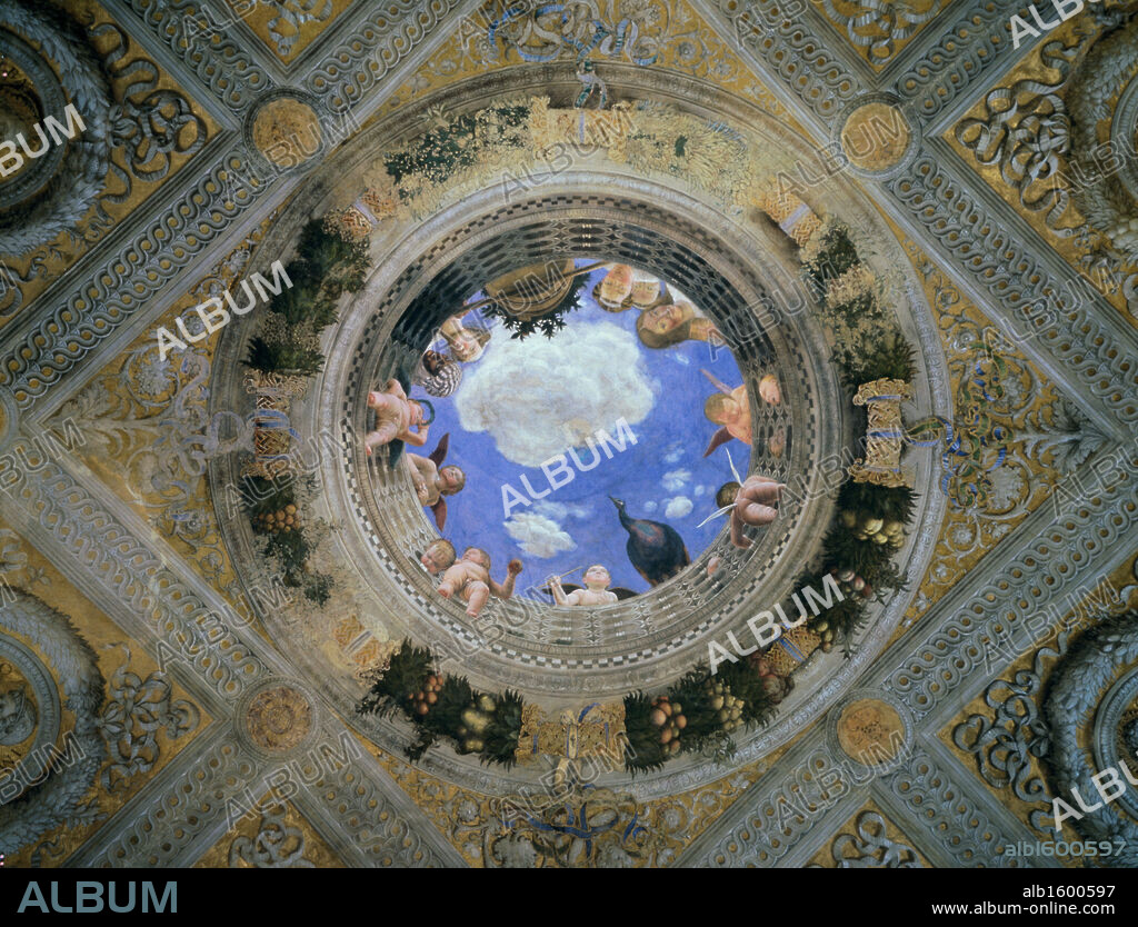 Camera degli Sposi: Ceiling Oculus  ca. 1474  Andrea Mantegna (1431-1506 Italian)  Fresco  Palazzo Ducale, Mantua, Italy.