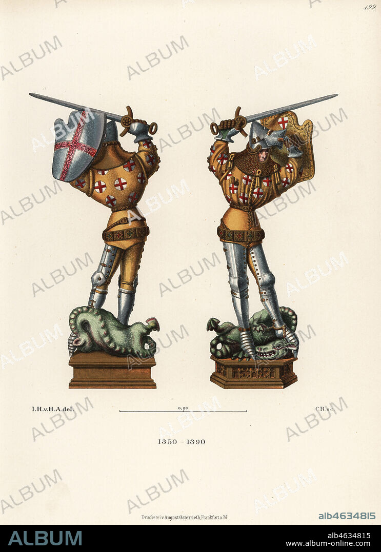 Figure of St. George slaying a dragon. In the costume of a French knight of the 14th century. In jupon with coat of arms, shield and bouche, bascinet helmet, belt and sword. From the Dijon Altarpiece by Jacques de Baerze. Chromolithograph from Hefner-Alteneck's Costumes, Artworks and Appliances from the Middle Ages to the 17th Century, Frankfurt, 1889. Illustration by Dr. Jakob Heinrich von Hefner-Alteneck, lithographed by C.R. Dr. Hefner-Alteneck (1811 - 1903) was a German museum curator, archaeologist, art historian, illustrator and etcher.