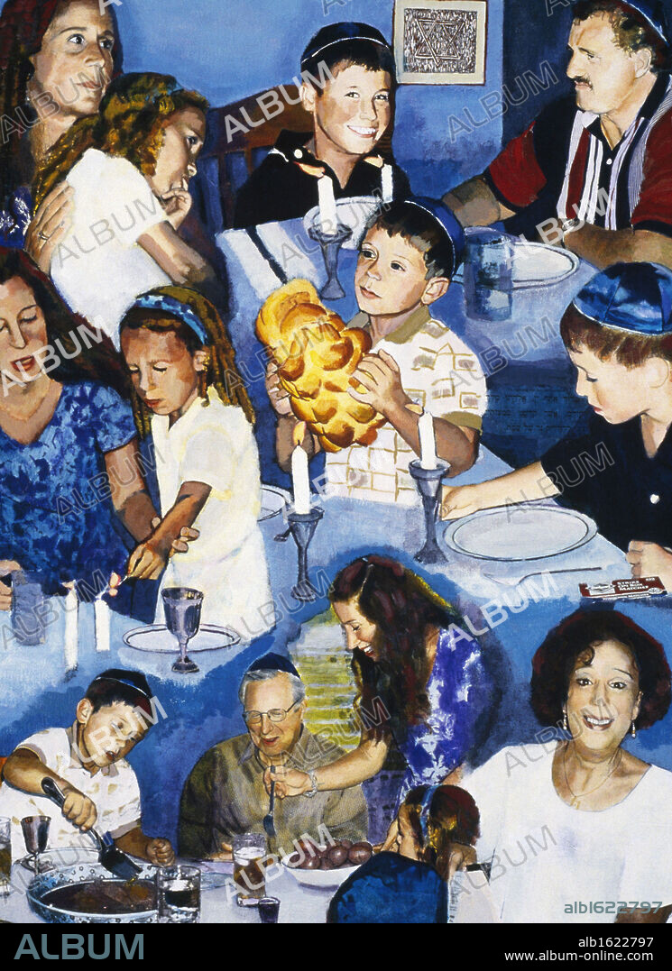 Welcoming Shabbos Elizabeth Barakah Hodges (21st C. American) Acrylic & mixed media.