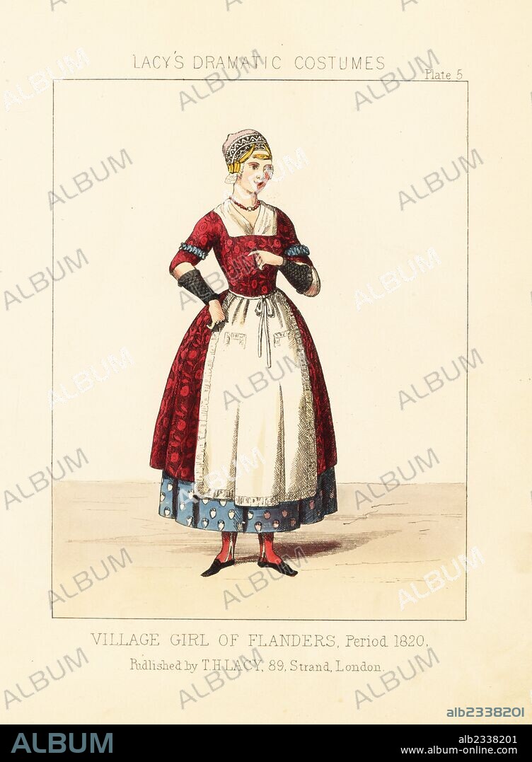 Costume of a village girl, Flanders, 1820. Handcoloured lithograph from Thomas Hailes Lacy's "Female Costumes Historical, National and Dramatic in 200 Plates," London, 1865. Lacy (1809-1873) was a British actor, playwright, theatrical manager and publisher.