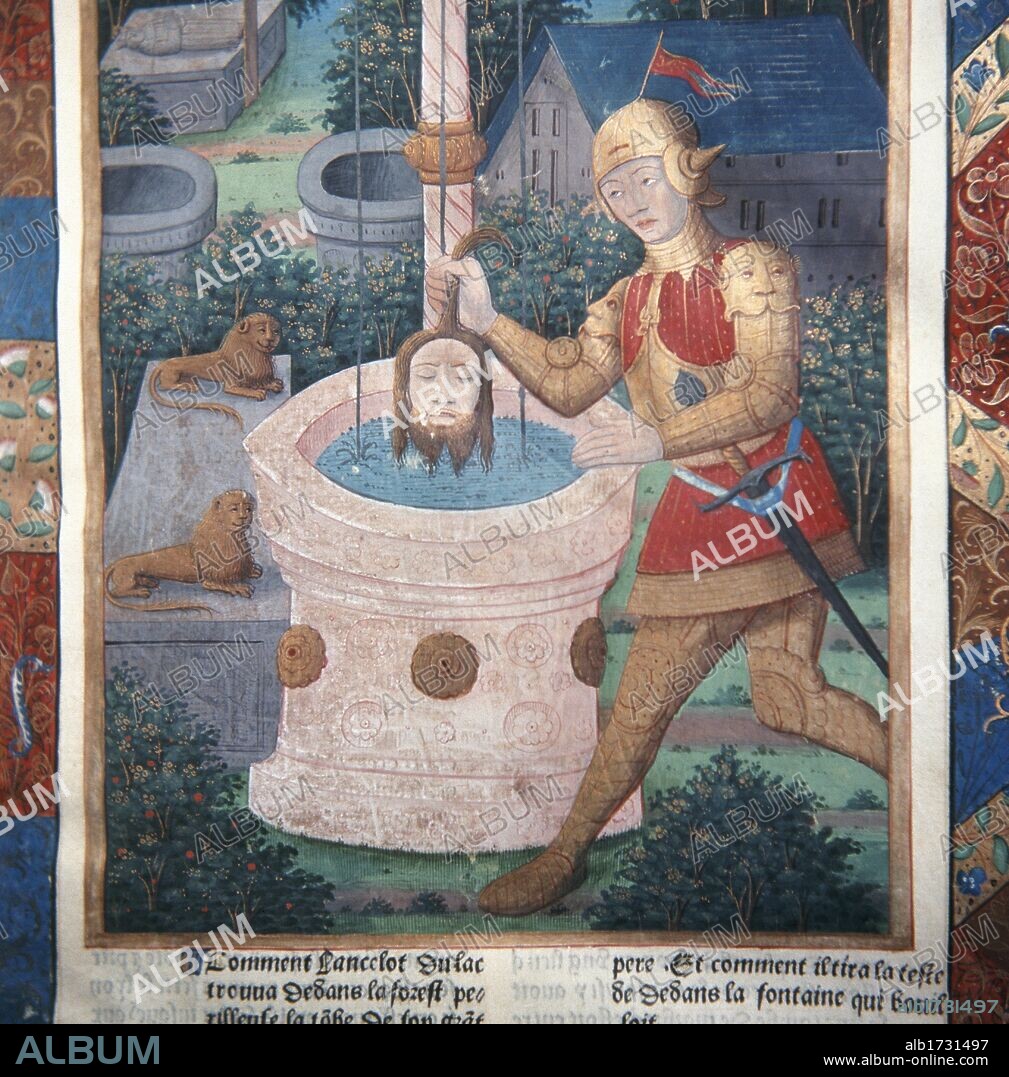 LITERATURA FRANCESA. "LANCELOT DU LAC". Miniatura del incunable. Lanzarote (Lancelot) caballero de la mesa redonda, encuentra la cabeza de su abuelo en un pozo. Biblioteca Nacional. Turín. Italia.