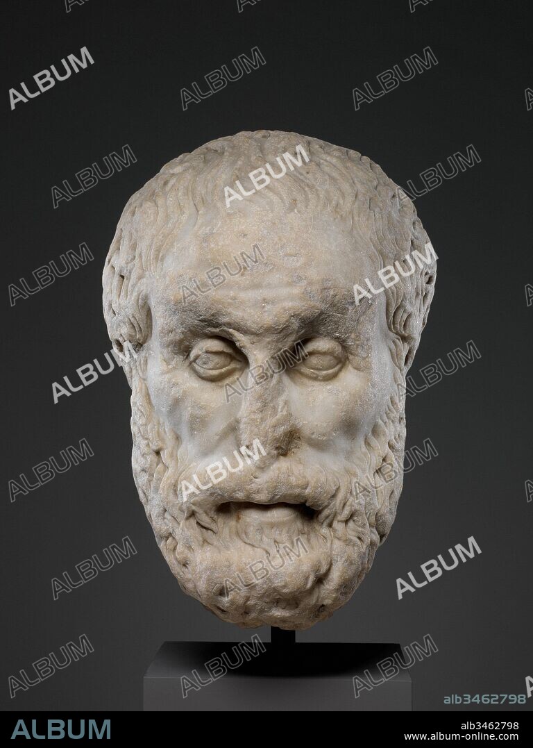 Marble head of a philosopher, Imperial, 1st or 2nd century A.D., Roman, Marble, Pentelic, H. 12 13/16 in. (32.5 cm), Stone Sculpture, Copy of a Greek statue of the last quarter of the 3rd century B.C.. In spite of its battered condition, the portrait conveys the personality of a great thinker. There are striking similarities between this head and portraits of Aristotle (384–322 B.