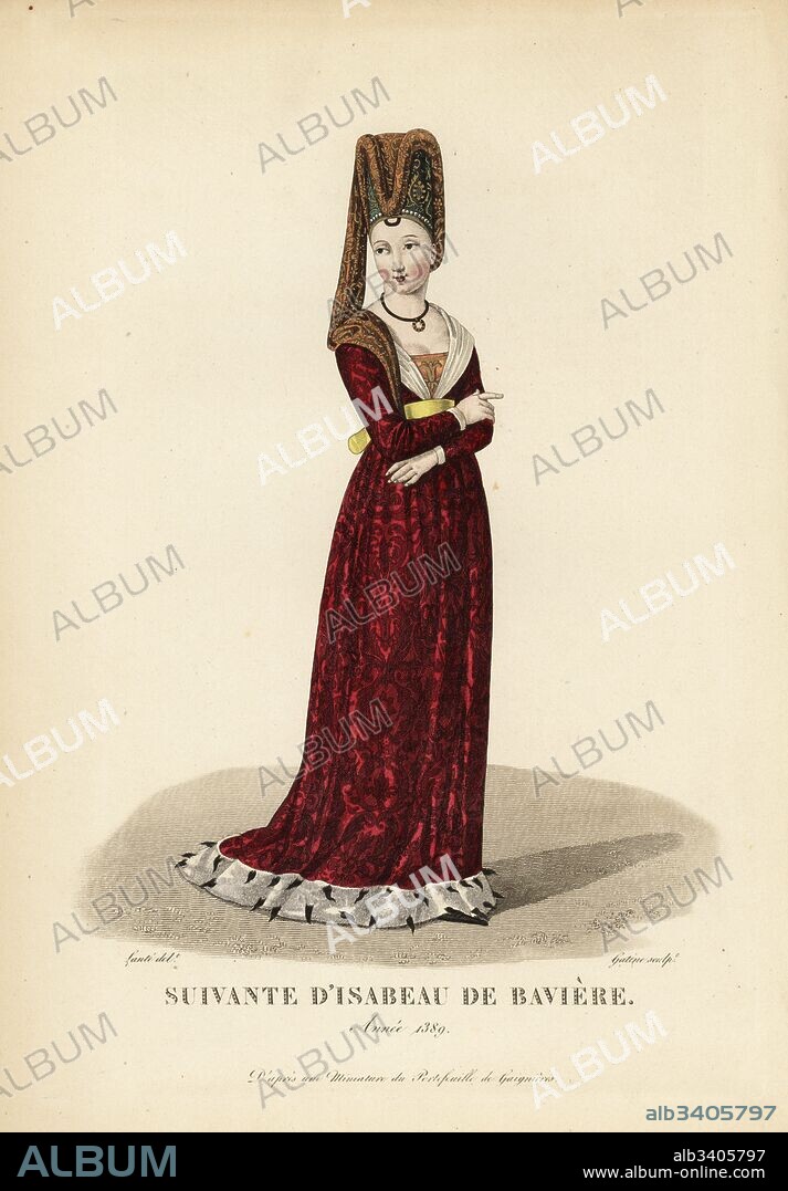 Lady in waiting to Isabelle of Bavaria, wife of King Charles VI, 1389. She wears a tall bonnet with brocade tail, necklace, and red velvet dress with high waist and ermine hem. After a miniature in Roger Gaignieres' portfolio. Handcoloured copperplate engraving by Georges Jacques Gatine after an illustration by Louis Marie Lante from Galerie Francaise de Femmes Celebres, Paris, 1827.