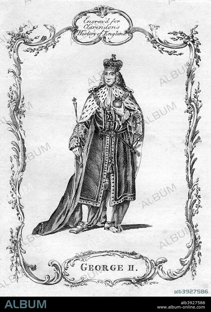 George II of Great Britain. Portrait of King George II (1683-1760) who ruled from 1727 until his death. Engraving from Clarendon's History of England.