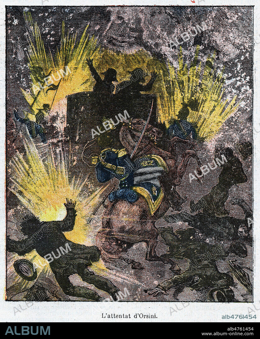 L'attentat de Felice ORSINI (1819-1858) contre NAPOLEON III (1808-1873) le 14 janvier 1858. Illustration anonyme pour Memoires de Monsieur Claude repris dans Les Faits-Divers illustres du 5 mars 1908 . Credit : Coll. Dixmier/KHARBINE-TAPABOR.