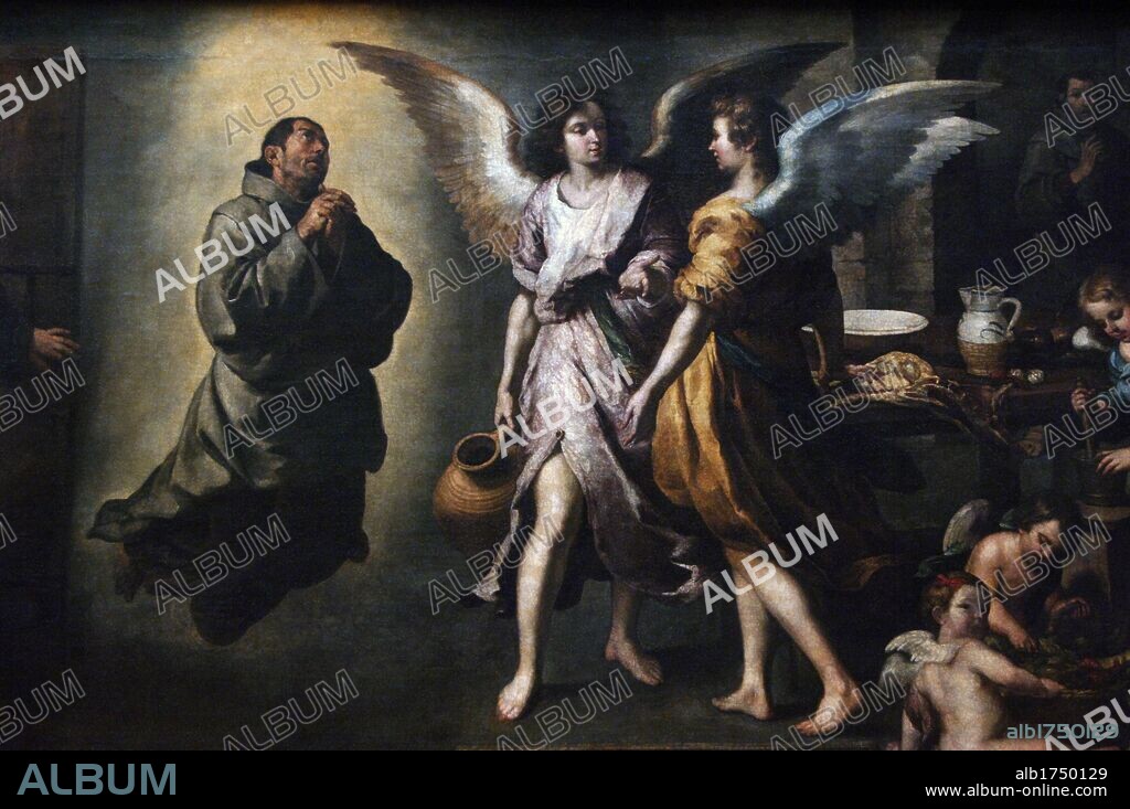 BARTOLOMÉ ESTEBAN MURILLO. ARTE BARROCO. ESPAÑA. MURILLO, Bartolomé Esteban (Sevilla,1617-Sevilla, 1682). Pintor español. "LA COCINA DE LOS ANGELES" 1646. Forma parte de los 13 cuadros destinados a decorar el claustro de San Francisco el Grande. Narran los episodios de la vida de Fray Francisco Pérez, fraile cocinero. Museo del Louvre. París. Francia. Europa.