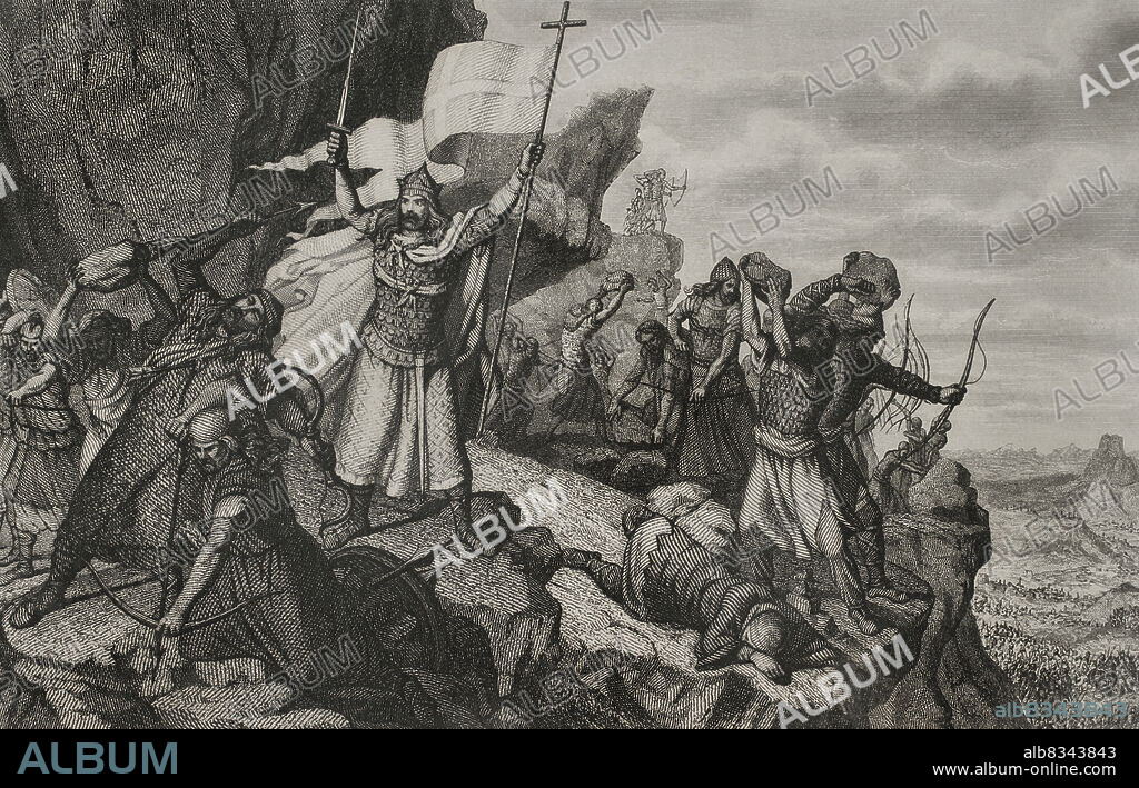 ANTONIO ROCA SALLENT (1813-1864). SPANISH ENGRAVER.. History of Spain. Asturias. Battle of Covadonga, 722. It was the first victory won by Christian military forces in Iberia after the Islamic conquest of Hispania. Defence of Covadonga. Drawing by Méndez. Engraving by A. Roca. "Historia Universal", by César Cantú. Volume III, 1855.
