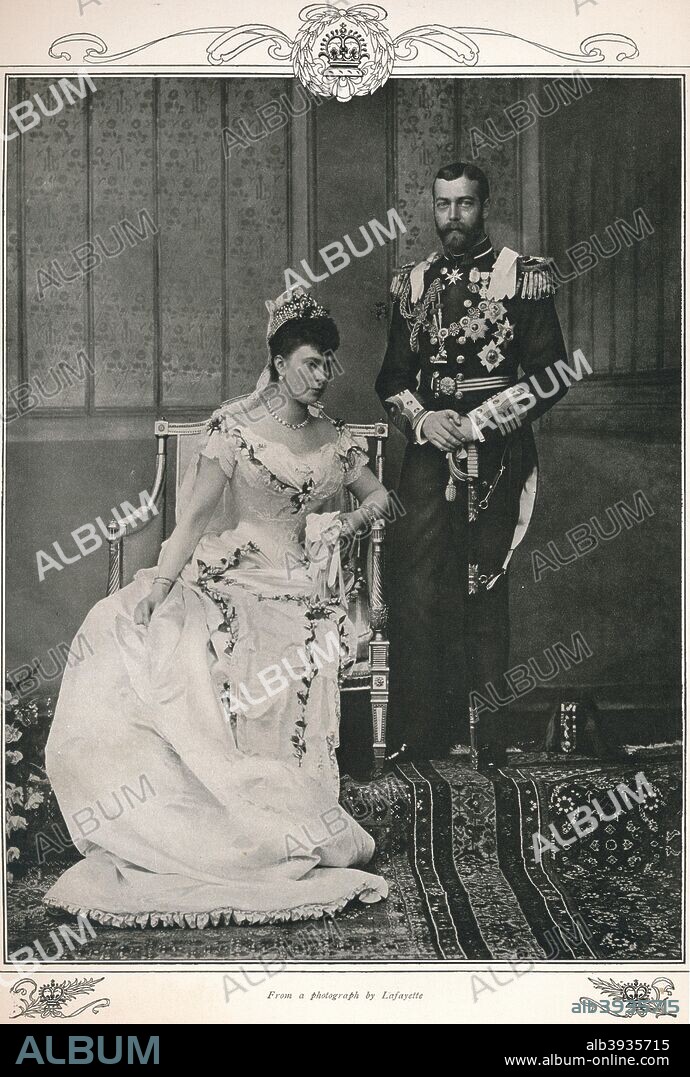 King George V and Queen Mary on their wedding day, 1893 (1911). From Edward VII: His Life and Times, Volume II, edited by Sir Richard Holmes, K.C.V.O. [The Amalgated Press, Ltd., London, 1911].